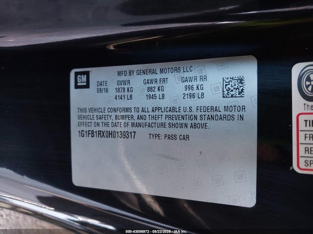 1G1FB1RX0H0139317 Chevrolet ltg - sidi: spark ignited direct injection, vvt: variable valve timing, alum dohc, dcvcp turbo, e0-e100, alum
