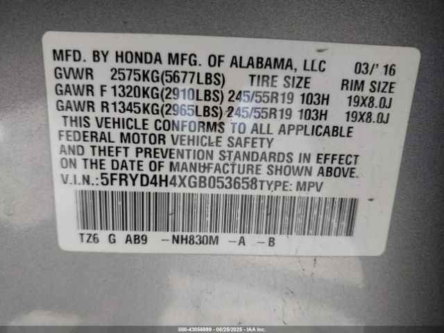 2016 ACURA MDX 5FRYD4H4XGB053658 Photo 8