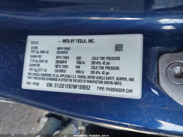2022 TESLA MODEL 3 5YJ3E1EB7NF189852 Photo 8