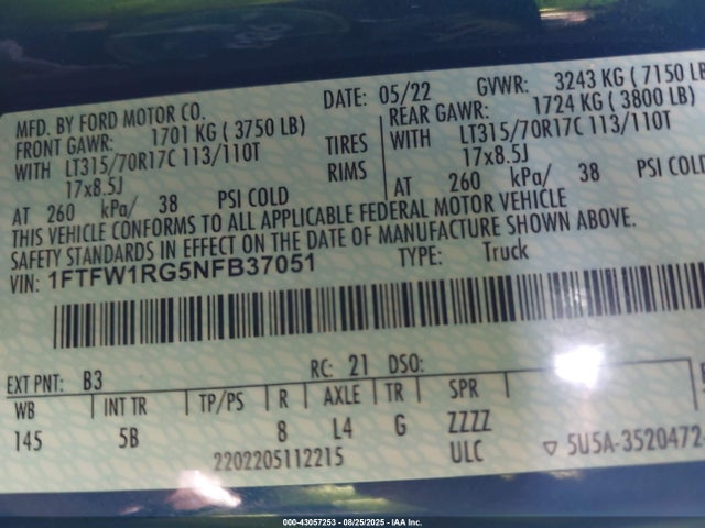 1FTFW1RG5NFB37051 Ford gtdi