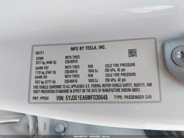 2021 TESLA MODEL 3 5YJ3E1EA6MF030648 Photo 8