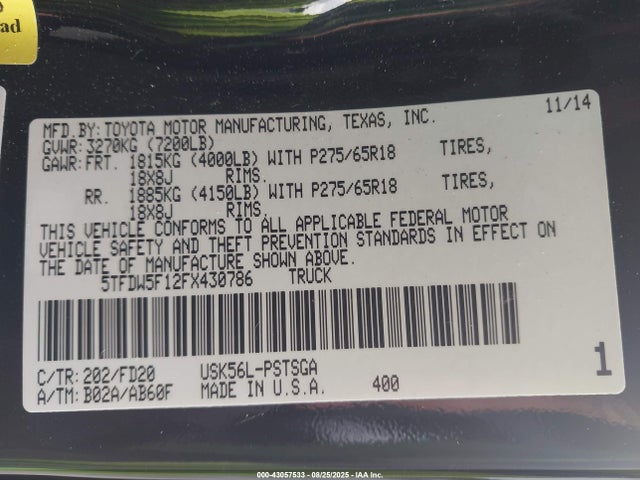 Toyota 3ur-fe 2015 5TFDW5F12FX430786 Image 9