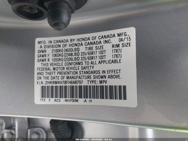 Honda k24w9 2015 2HKRM4H78FH648797 Image 9