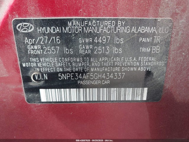 5NPE34AF5GH434337 Hyundai dohc gdi theta-ii