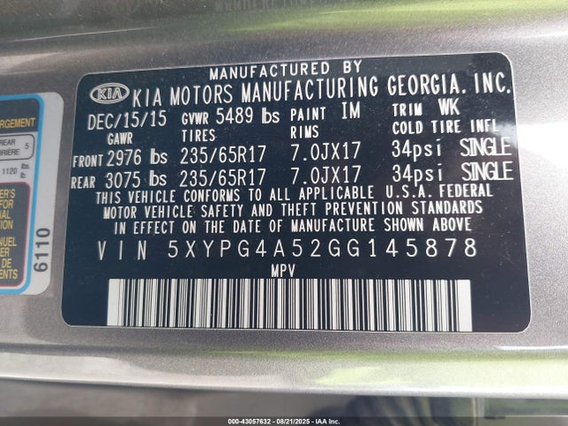 5XYPG4A52GG145878 KIA dohc gdi lambda ii