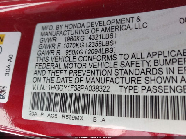 1HGCY1F38PA038322 Honda l15be
