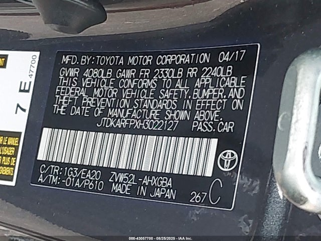 JTDKARFPXH3022127 Toyota 2zr-fxe+1nm