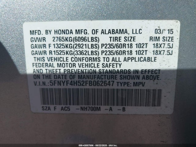Honda j35z4 2015 5FNYF4H52FB062647 Image 9