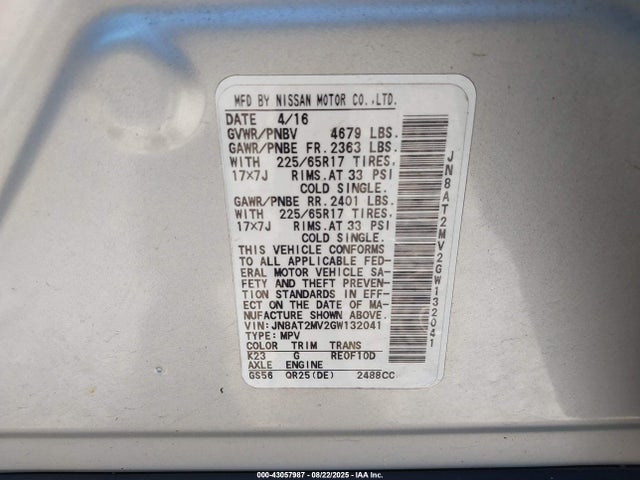 JN8AT2MV2GW132041 Nissan Rogue