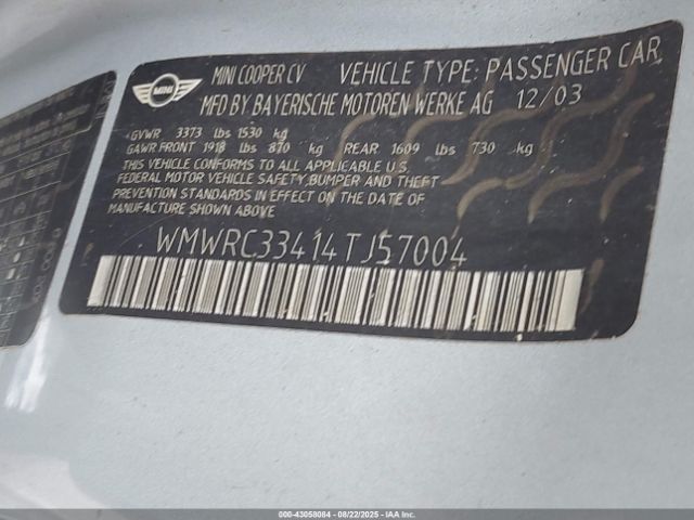 2004 MINI COOPER WMWRC33414TJ57004 Photo 8