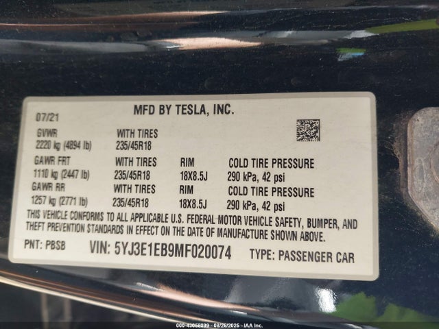 2021 TESLA MODEL 3 5YJ3E1EB9MF020074 Photo 8