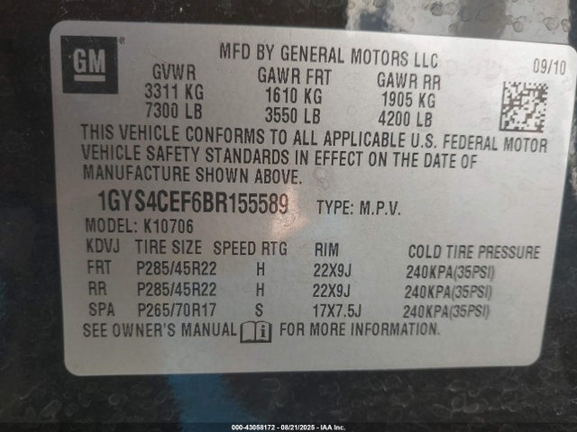 43058172 :رقم المزاد ، 1GYS4CEF6BR155589 vin ، 2011 Cadillac Escalade Premium مزاد بيع