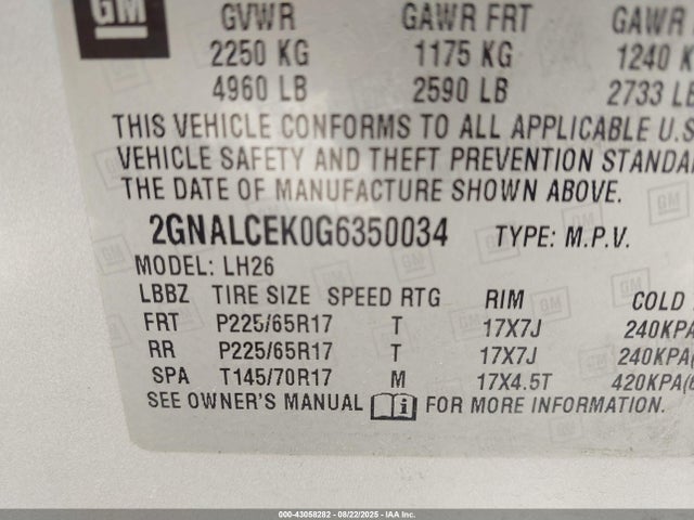 Aukcja sprzedaży 2016 Chevrolet Equinox Lt, vin: 2GNALCEK0G6350034, numer aukcji: 43058282