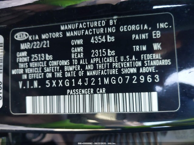 43058562 :رقم المزاد ، 5XXG14J21MG072963 vin ، 2021 Kia K5 Lxs مزاد بيع