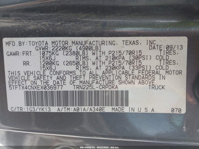 Toyota 2tr-fe 2014 5TFTX4CNXEX036977 Image 9