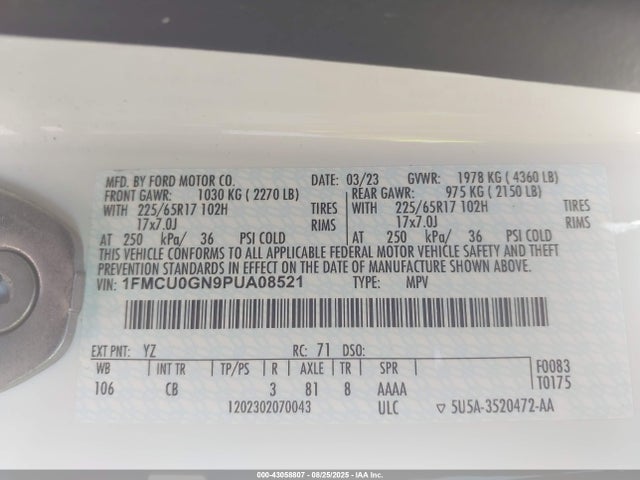 1FMCU0GN9PUA08521 Ford dragon gtdi
