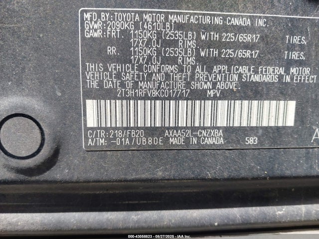 2T3H1RFV8KC017717 Toyota a25a-fks