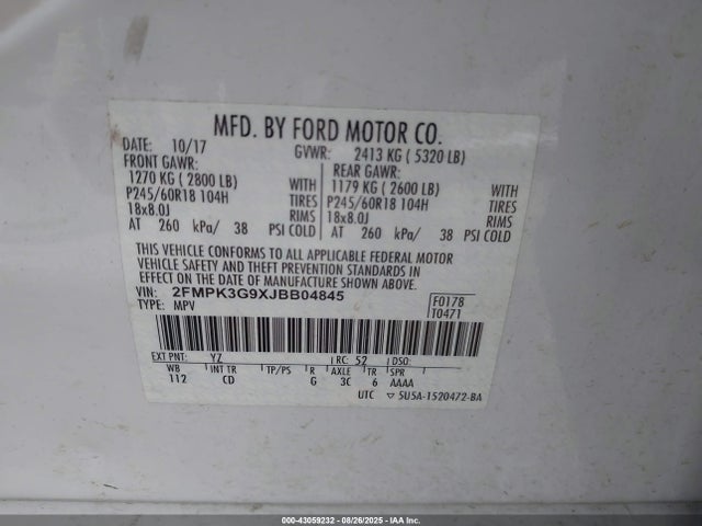 2FMPK3G9XJBB04845 Ford 2.0l gtdi w/premium fuel