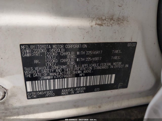 JTMMWRFV7PD196061 Toyota a25a-fxs, 3nm+4nm(ni)