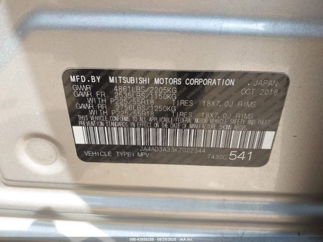 2019 MITSUBISHI OUTLANDER JA4AD3A33KZ022344 Photo 8