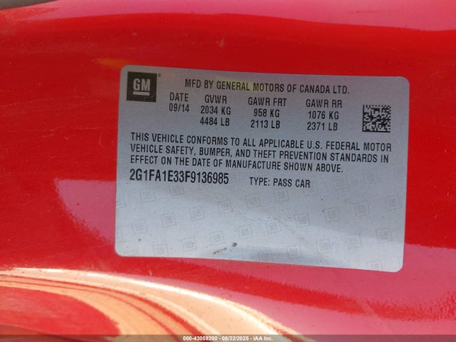Chevrolet lfx 2015 2G1FA1E33F9136985 Image 9