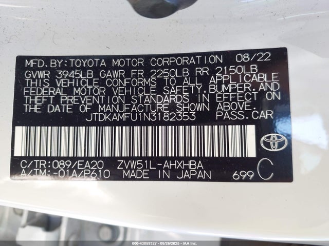 JTDKAMFU1N3182353 Toyota 2zr-fxe,1nm