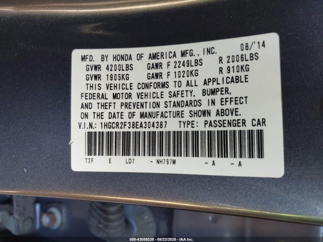 1HGCR2F38EA304387 Honda k24w1