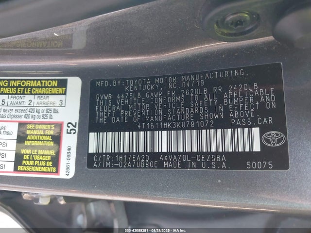 Продаж на аукціоні авто 2019 Toyota Camry Se, vin: 4T1B11HK3KU781072, номер лоту: 43059351