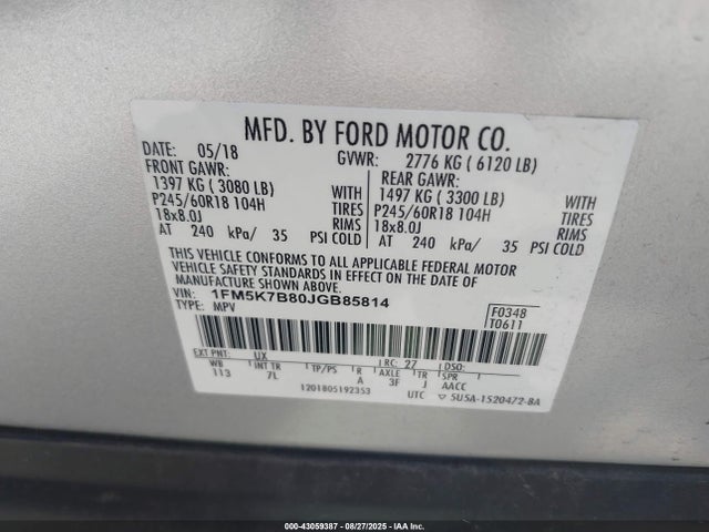 Ford 3.5l ti-vct 2018 1FM5K7B80JGB85814 Image 9