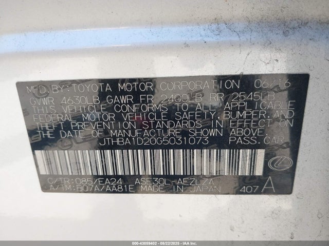 Aukcja sprzedaży 2016 Lexus Is 200t, vin: JTHBA1D20G5031073, numer aukcji: 43059402