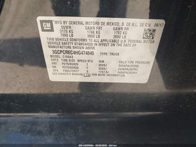 3GCPCREC4HG474845 Chevrolet l83 - sidi: spark ignited direct injection, vvt: variable valve timing, afm, e85 max, alum