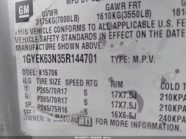2005 CADILLAC ESCALADE 1GYEK63N35R144701 Photo 8