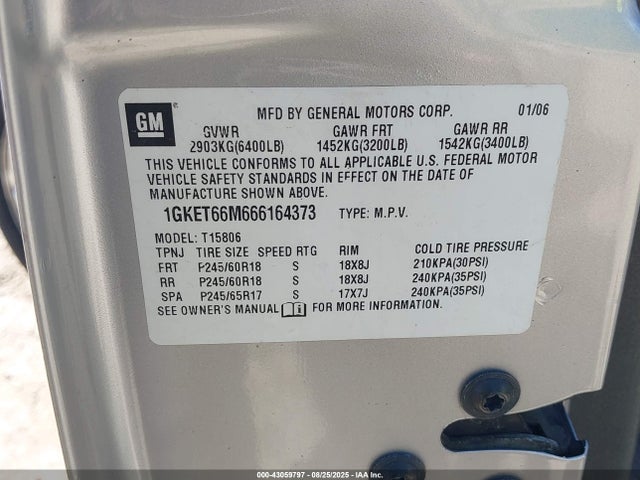 43059797 :رقم المزاد ، 1GKET66M666164373 vin ، 2006 Gmc Envoy Xl Denali مزاد بيع