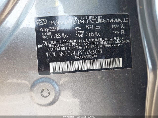 5NPD74LF9JH266058 Hyundai mpi nu