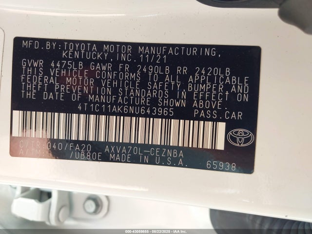 4T1C11AK6NU643965 Toyota a25a-fks