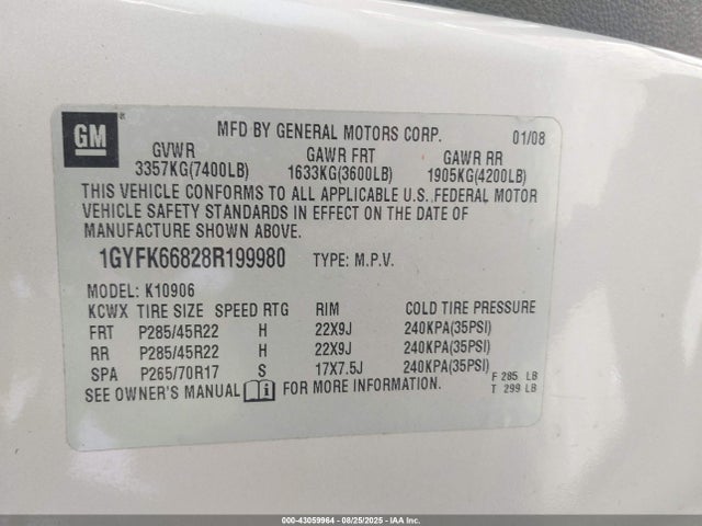 2008 CADILLAC ESCALADE ESV 1GYFK66828R199980 Photo 8