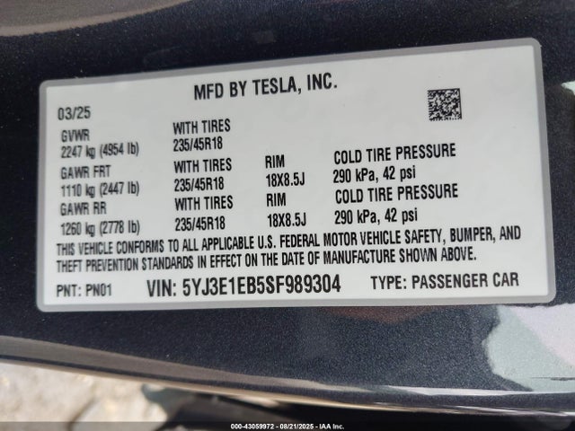 2025 TESLA MODEL 3 5YJ3E1EB5SF989304 Photo 8