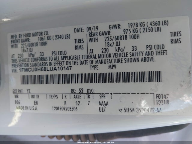 Aukcja sprzedaży 2020 Ford Escape Sel, vin: 1FMCU0H68LUA10147, numer aukcji: 43060000