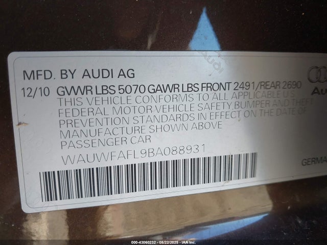 2011 AUDI A4 WAUWFAFL9BA088931 Photo 8