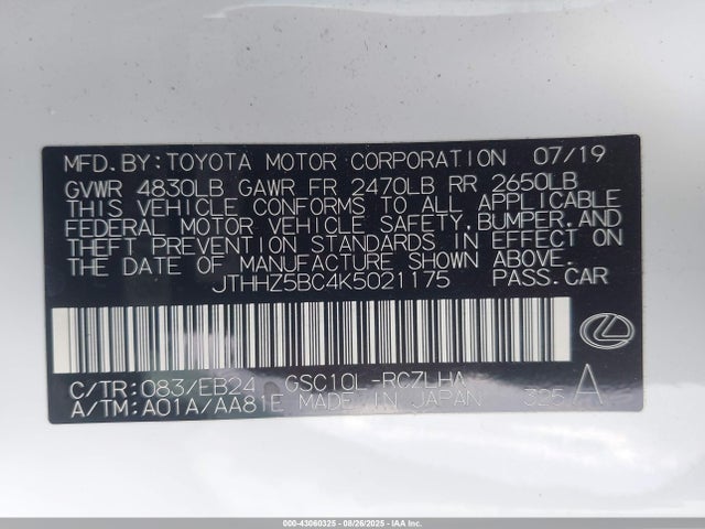 Lexus 2gr-fks 2019 JTHHZ5BC4K5021175 Image 9