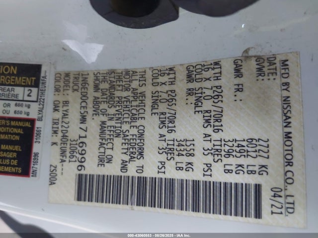1N6ED0CE5MN716996 Nissan 2021