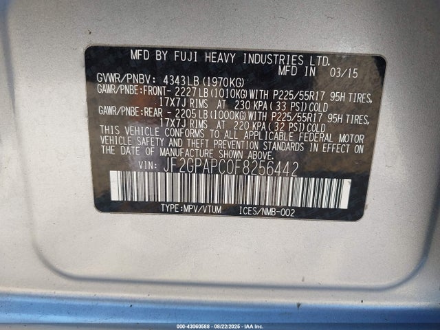 JF2GPAPC0F8256442 Subaru 2.0l naturally aapirated