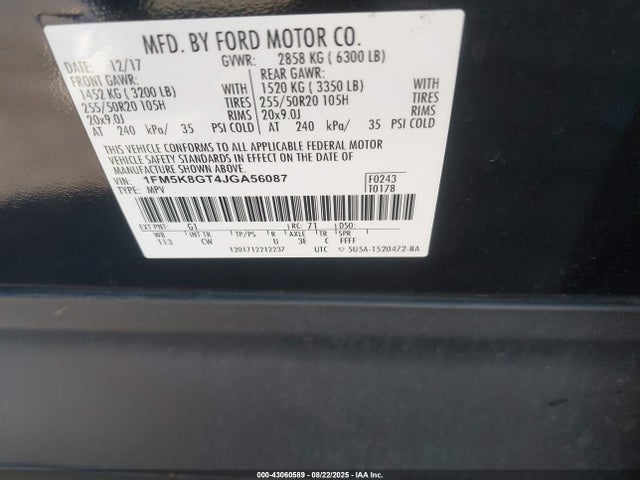 1FM5K8GT4JGA56087 Ford 3.5l gtdi