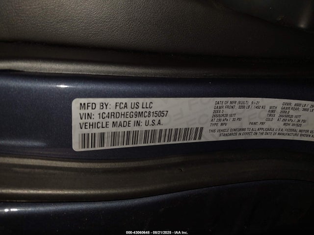 43060648 :رقم المزاد ، 1C4RDHEG9MC815057 vin ، 2021 Dodge Durango Citadel Rwd مزاد بيع