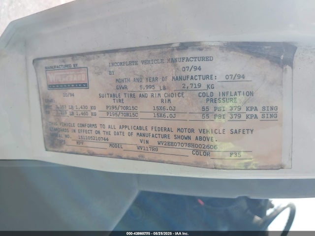 43060775 :رقم المزاد ، WV2EE0707SH002606 vin ، 1995 Volkswagen Eurovan Camper/transporter مزاد بيع