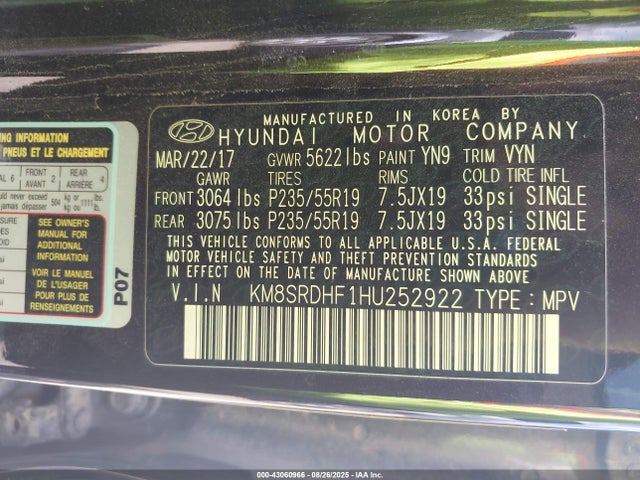 KM8SRDHF1HU252922 Hyundai gdi lambda ii