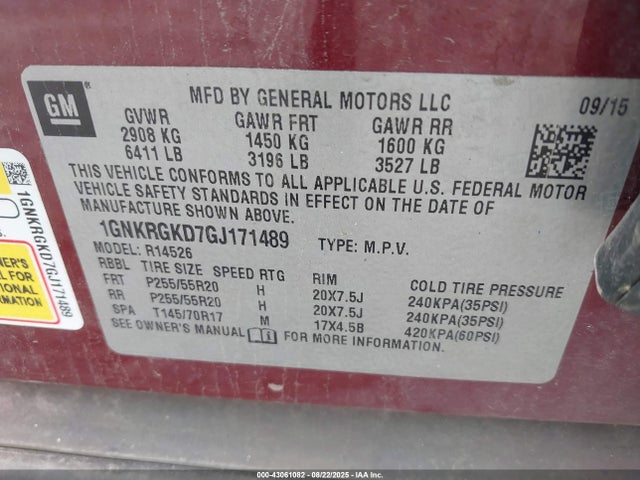 1GNKRGKD7GJ171489 Chevrolet llt - sidi, alum, 60 degrees