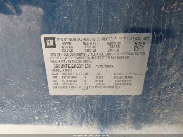 3GCUKTEJ2HG371280 Chevrolet l86 - sidi: spark ignited direct injection, vvt: variable valve timing, afm, e85 max, alum