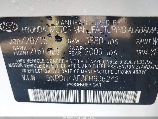 Hyundai dohc mpi nu 2015 5NPDH4AE3FH636242 Image 9