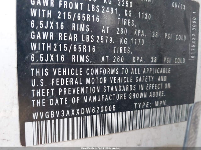 43061241 :رقم المزاد ، WVGBV3AXXDW620005 vin ، 2013 Volkswagen Tiguan S مزاد بيع